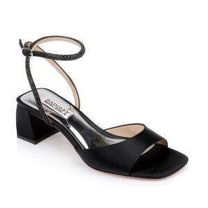 Badgley Mischka Infinity Satin Block Heel Sandal 9.5 Black Silk Ankle Strap